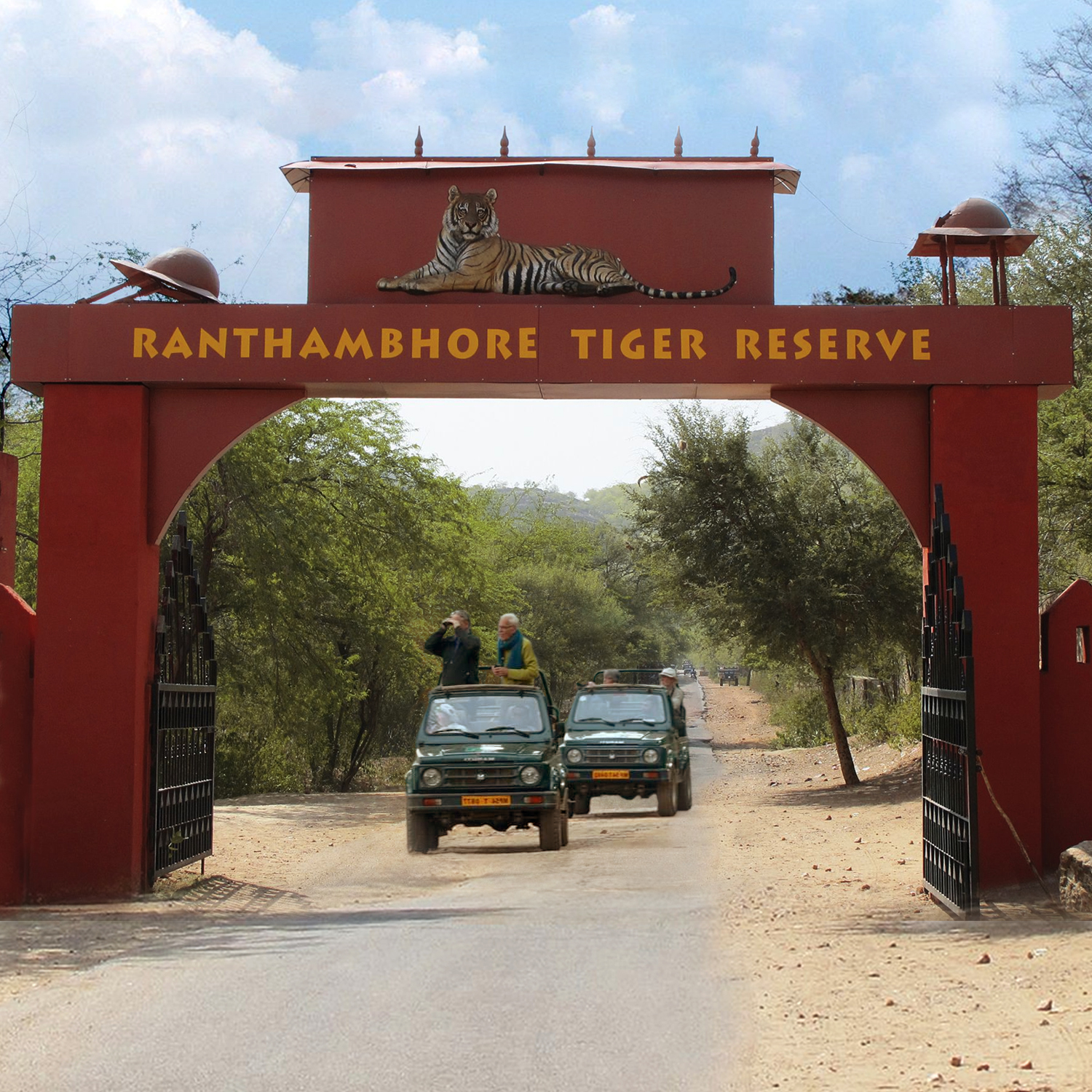 Entrance gate of Ranthambore Tiger Reserve with safari jeeps